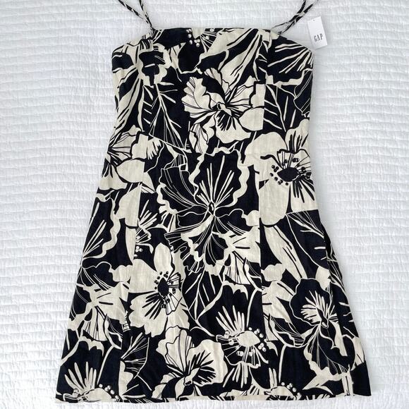 NWT Gap Linen Square Neck Mini Sundress in Black and White Floral Size S Tall - Picture 2 of 8